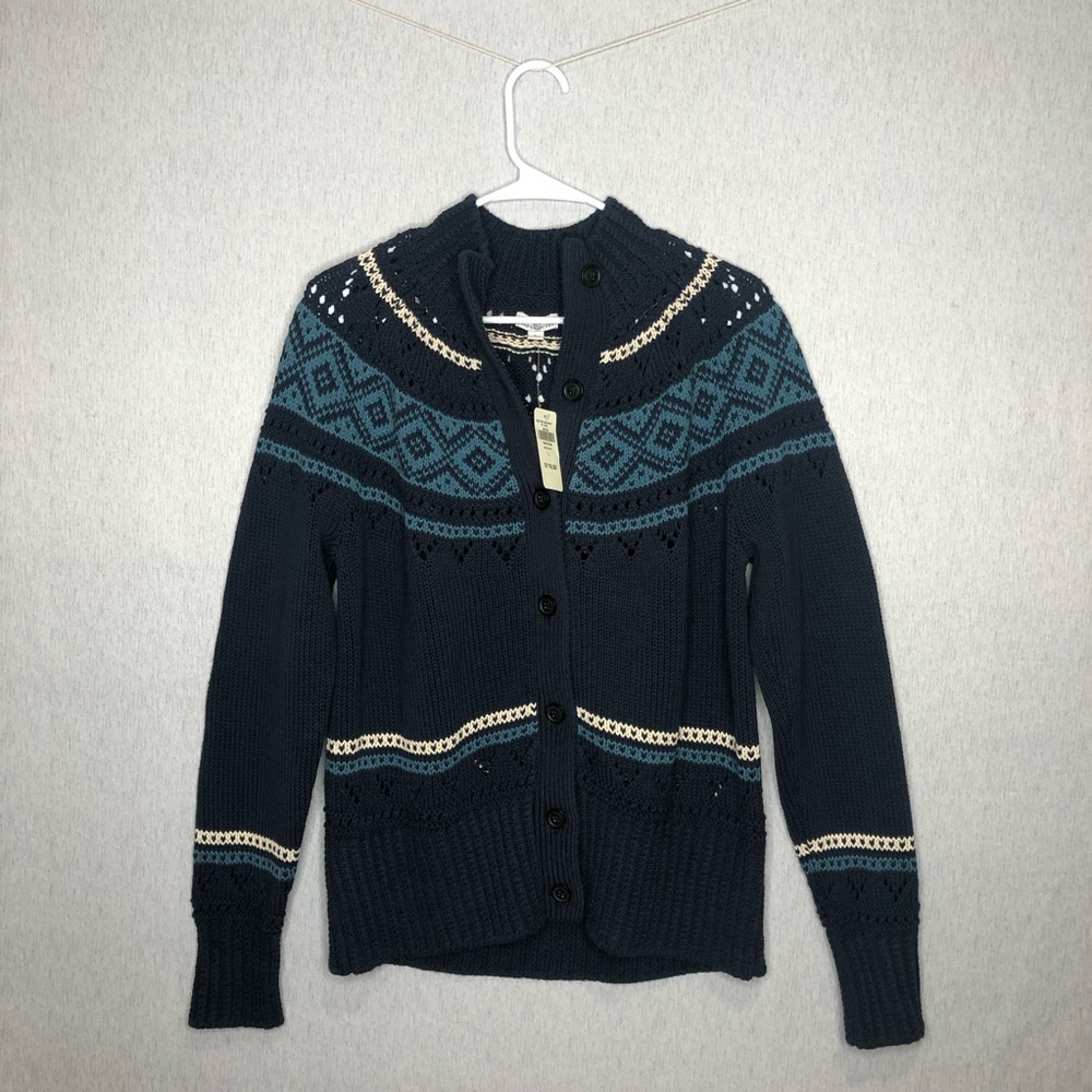 LL Bean Signature Knit Cardigan Women's L Fisherman Style Fair Isle Navy Blue